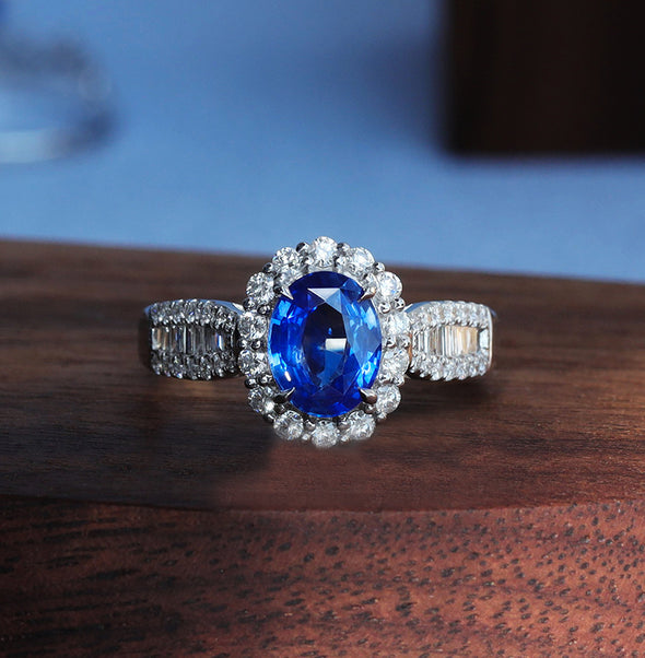 Halo Oval Cut Blue Sapphire Engagement Ring in Sterling Silver