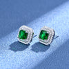 Double Halo Cushion Cut Stud Emerald Green Earrings In Sterling Silver