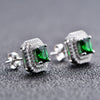 Double Halo Cushion Cut Stud Emerald Green Earrings In Sterling Silver