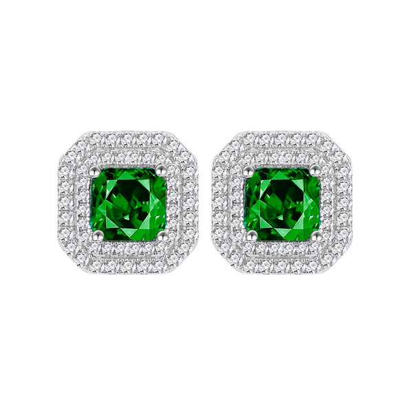 Double Halo Cushion Cut Stud Emerald Green Earrings In Sterling Silver