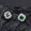 Double Halo Cushion Cut Stud Emerald Green Earrings In Sterling Silver