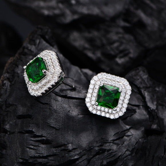 Double Halo Cushion Cut Stud Emerald Green Earrings In Sterling Silver