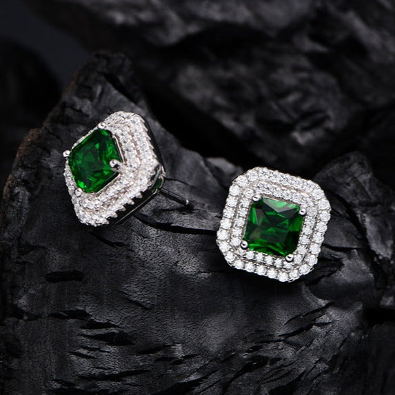 Double Halo Cushion Cut Stud Emerald Green Earrings In Sterling Silver