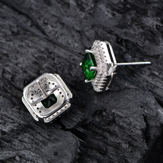 Double Halo Cushion Cut Stud Emerald Green Earrings In Sterling Silver