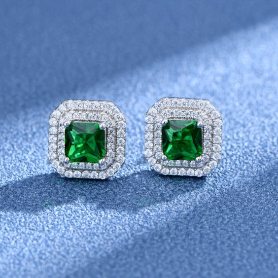 Double Halo Cushion Cut Stud Emerald Green Earrings In Sterling Silver