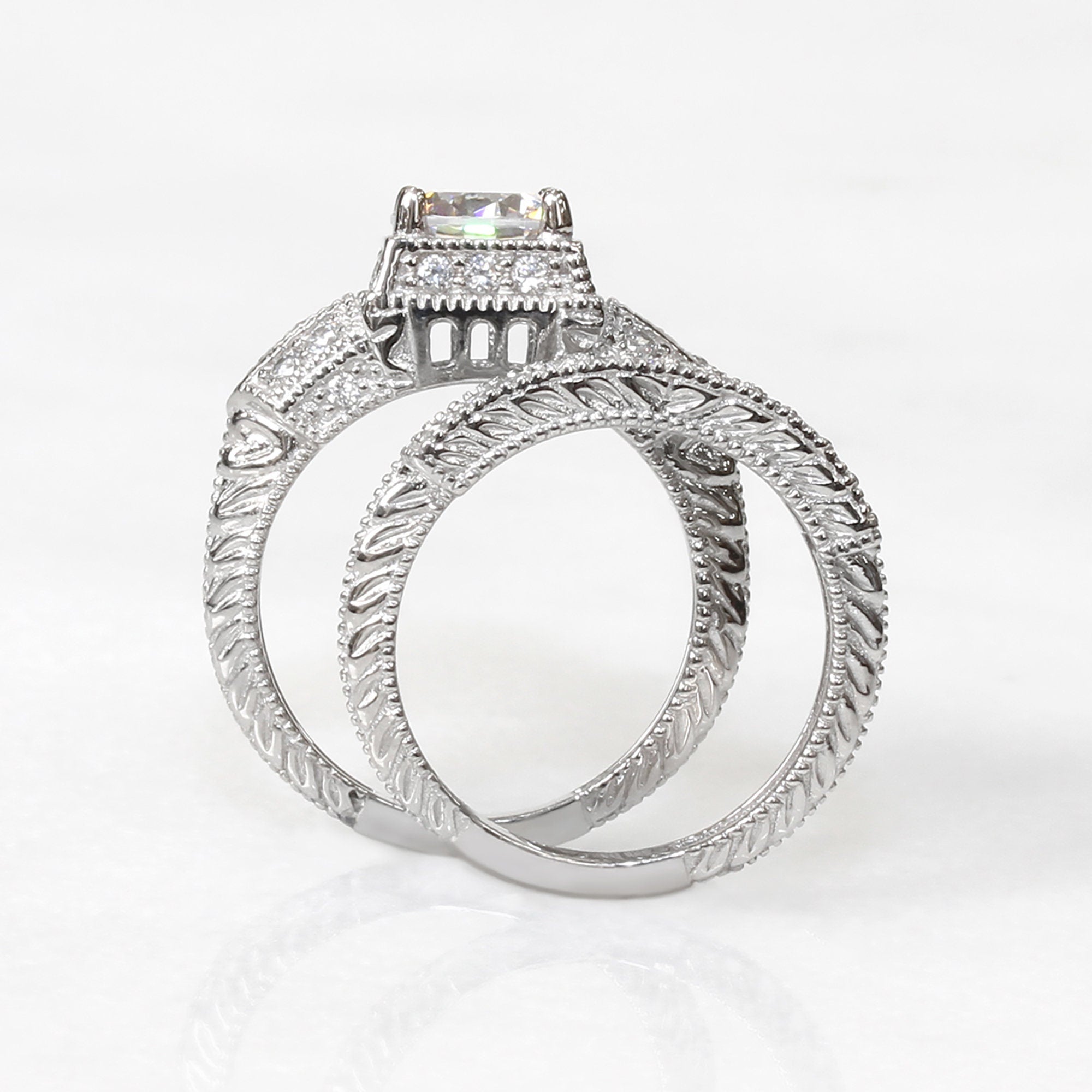 1.25 CT Round Cut Bold Vintage Bridal Ring Set in Sterling Silver