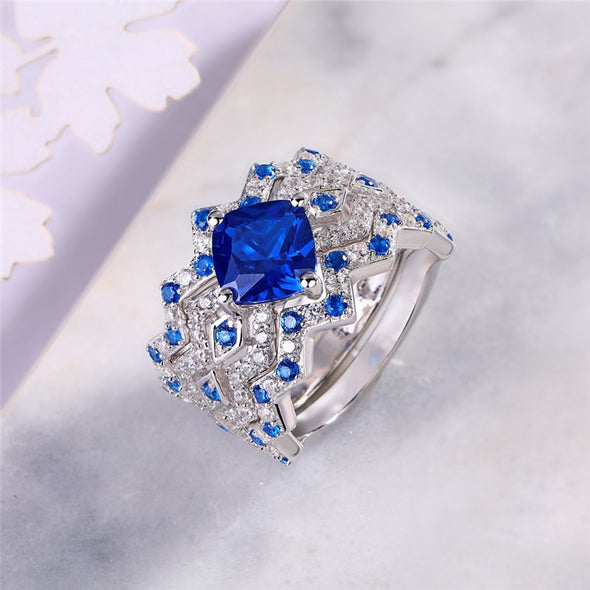 3pcs Blue Cushion Cut Zigzag Bridal Set Ring in Sterling Silver