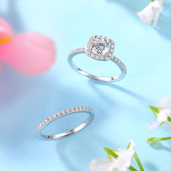 2pcs Cushion Cut Halo Ring Set Bridal Ring Set In Sterling Silver