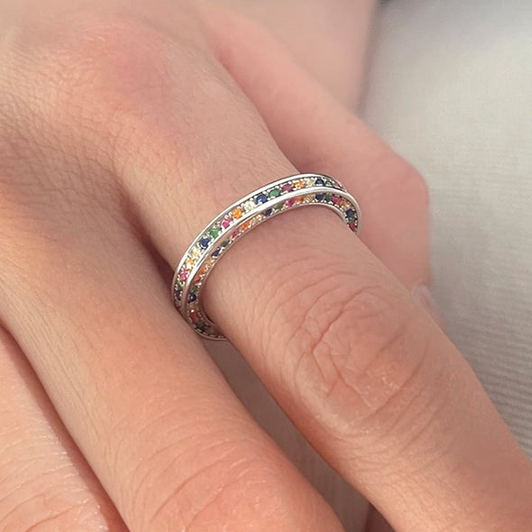 Rainbow Female Adjustable Ring Band In Sterling Silver