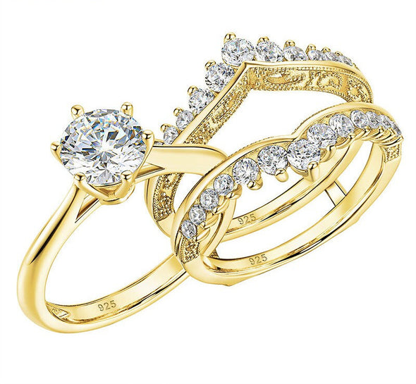 Luxury Round Cut Gold Wedding Ring Set Bridal Ring Set in Sterling Silver